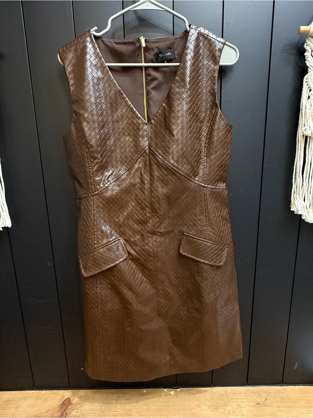Tahari ASL Brown Faux-Leather V-Neck Mini Dress